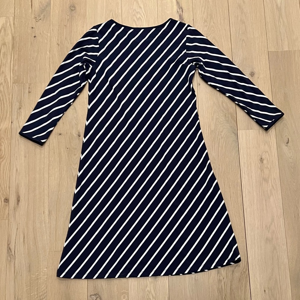 Duffield Lane Diagonal Stripe Long Sleeve A-Line Shift Dress Navy Blue White XS - Picture 5 of 10